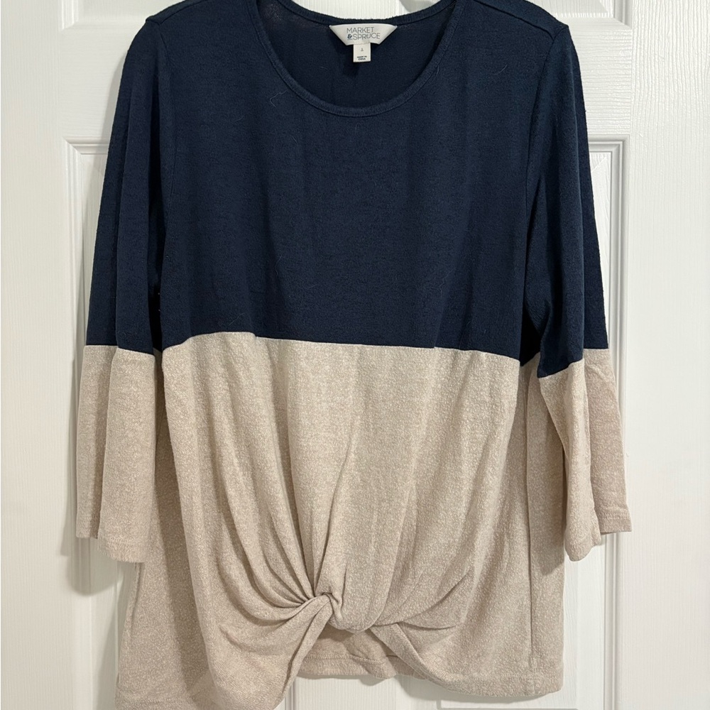 Market & Spruce Blue and Tan 3/4 Sleeve Tie Front Tunic